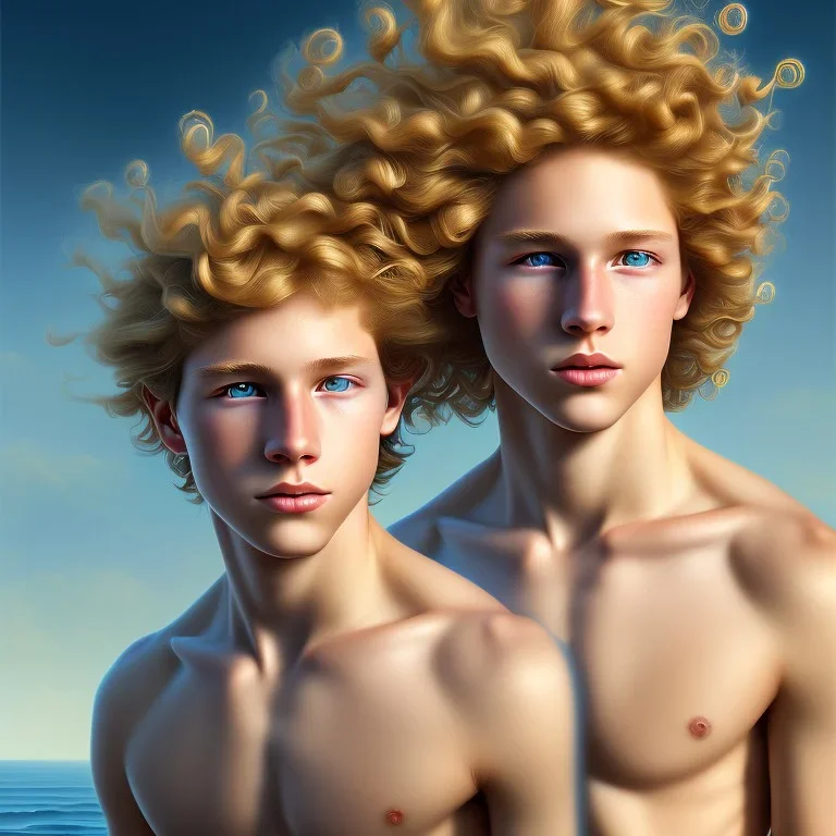 intricate, sharp focus, highly detailed, digital painting, Paul Lewin and Kehinde Wiley, full body image of a beautiful 12 year old boy with long, blonde curly hair and light blue eyes, smiling, shirtless, in front of an distant beach