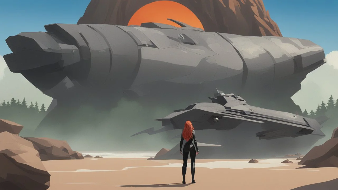 A long-haired woman in a catsuit standing on a beach of a rocky landscape with a crashed spaceship in the distance, with a forest beyond