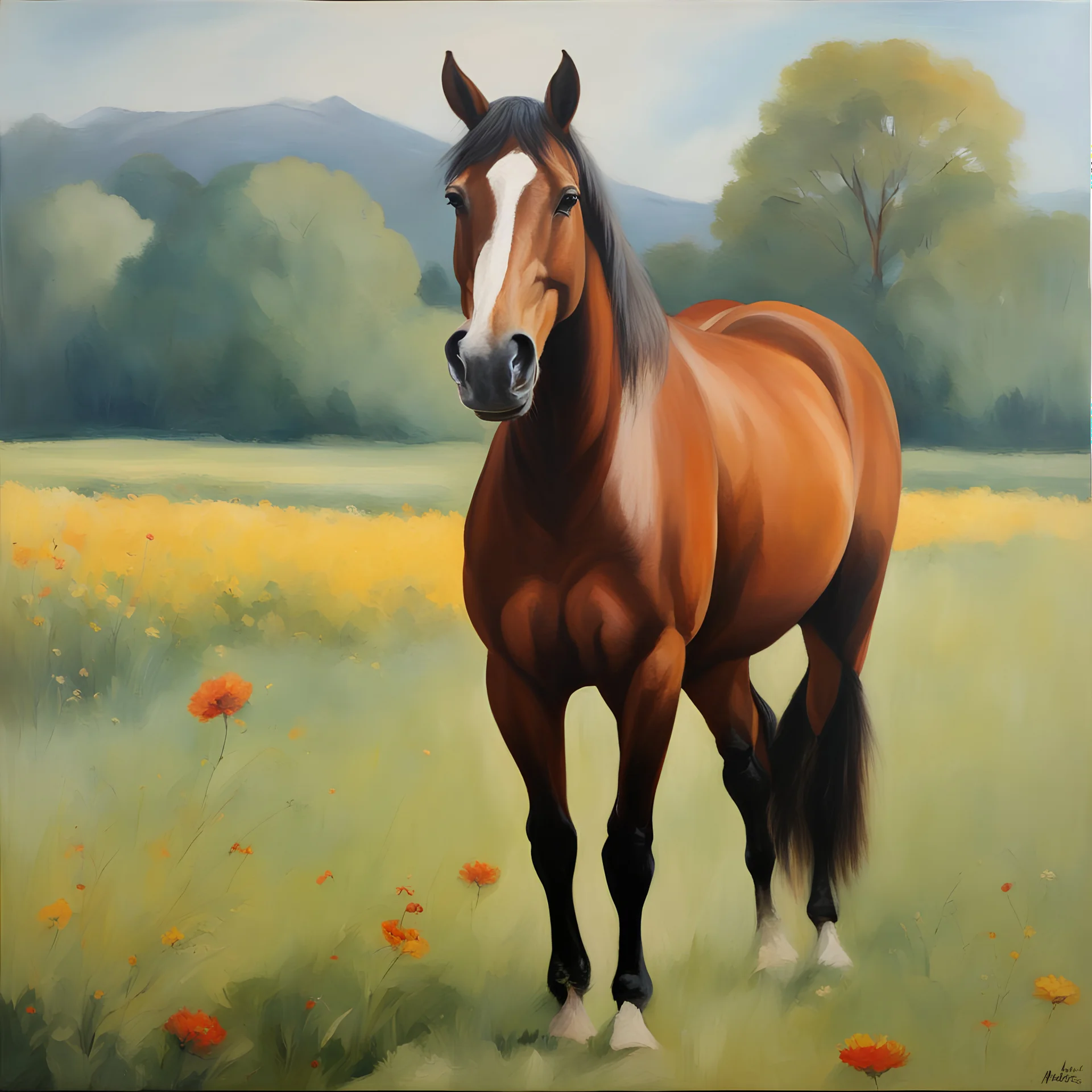 Masterpiece, best quality, Thomas Beecham style portrait painting of a horse in the meadow, painted by Thomas Beecham