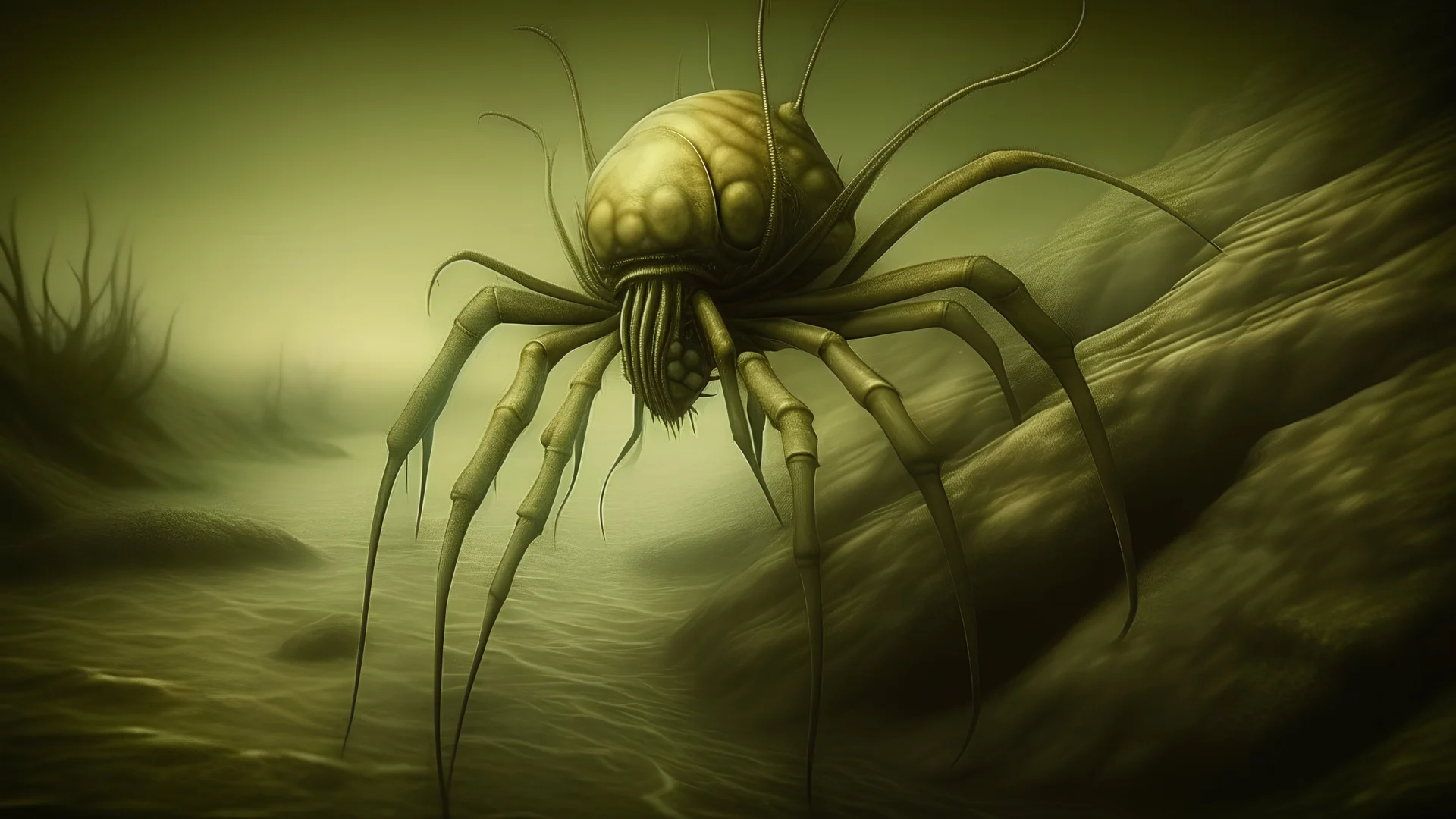 70s, A fantastical and imaginative digital painting of the sea spider Mithrodia robustus, depicting it in a surreal, otherworldly setting that emphasizes its alien-like appearance, vintage sepia, film effect, scandinavian vibe, diffused pale light, style photography, analog style, vintage colors, xprocess