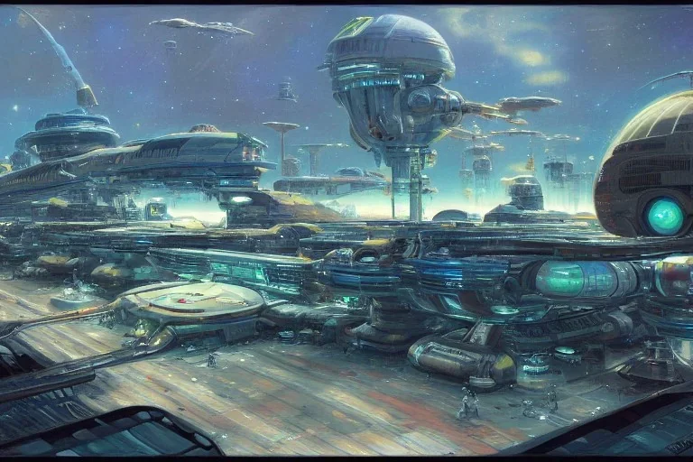 Spaceport on a heavy industrialized planet, inspired by John Berkey, insanely detailed