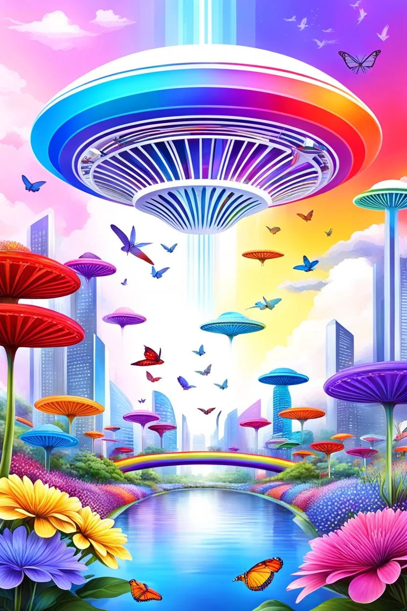 colors, very beautiful, flowers garden,rainbow, cité très futuriste ultra moderne, ufos rainbow, ufos fleet, intergalactic, birds, butterfly, cascades