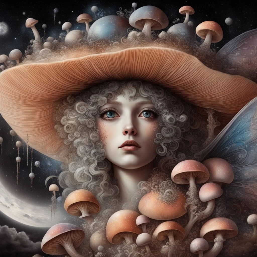 Beautiful rococo mushroom fairy, detailed eyes, realistic features, hq, fungi, celestial, moon, galaxy, stars, by Salvador Dalí, giger, Hieronymus Bosch, victo ngai, fungi, celestial, Ryan Hewett