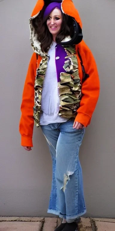 Brunette.thick thighs,thick calves,flat belly,curvy fell. big head. Mantle is sewed of upcycled Denim and sewed together of camouflage pieces. Pieces' color are orange, cream and purple. It is with big bright purple felt tippet and cream-colored-hood. mantle is merged with satchel. . Big AKG-style headphones (gold rings!) is merged with small felt cap with small visor. Style: Haute Couture in 1910's, N.Y.C fashion in 1996, inspired by street art 2023 Paris