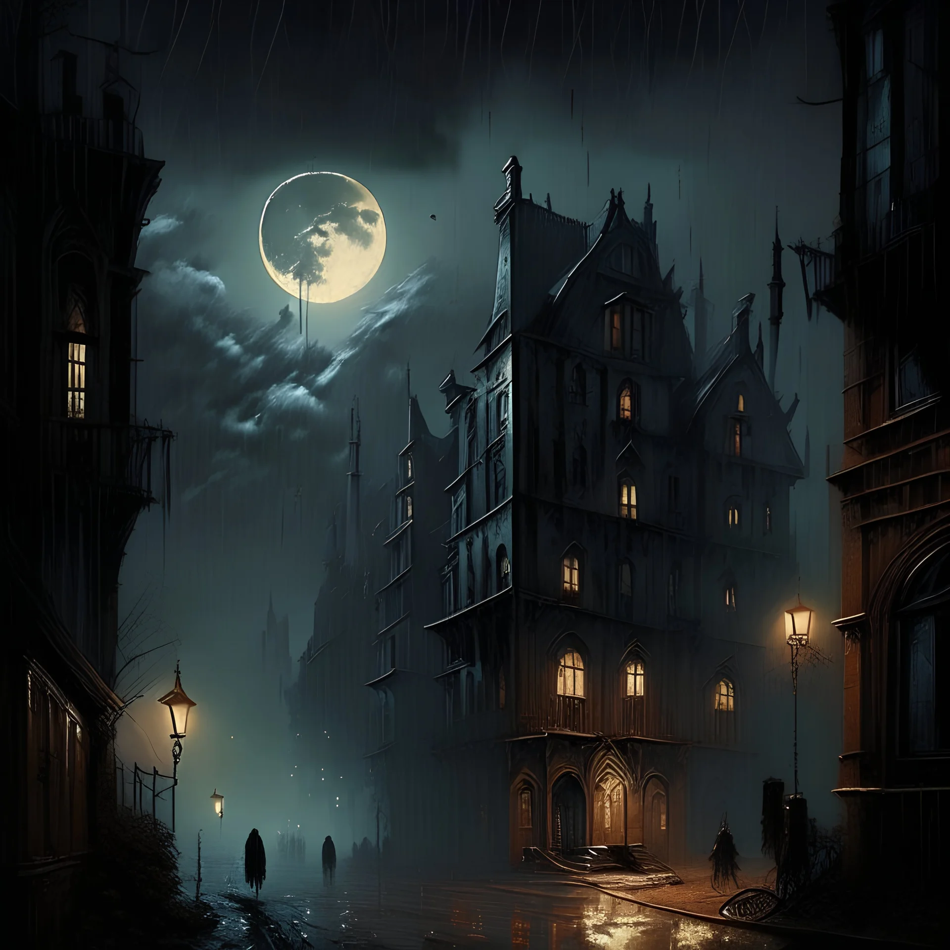 old, brown town with tall, skinny buildings. dark at night with moon in sky. gothic style. rainy and cloudy