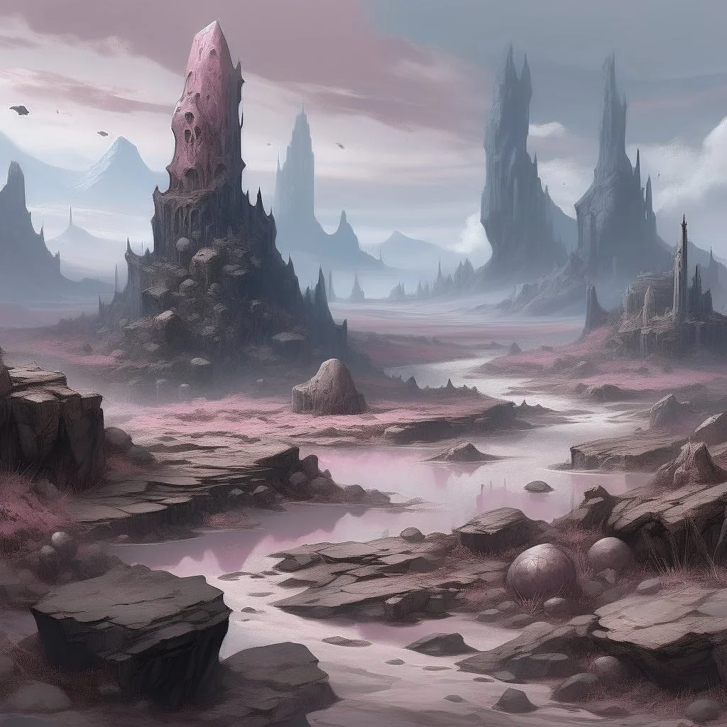 A grayish pink magical wasteland with rune rocks painted by Zhang Lu