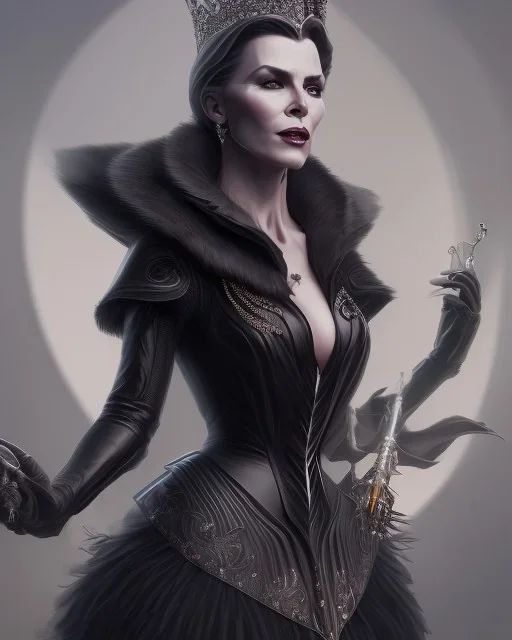 old evil queen in black leather gown with a whip in her hand, femme fatale, volouptous, busty, cleavage, angry, emperious, 8k resolution concept art portrait by Greg Rutkowski,