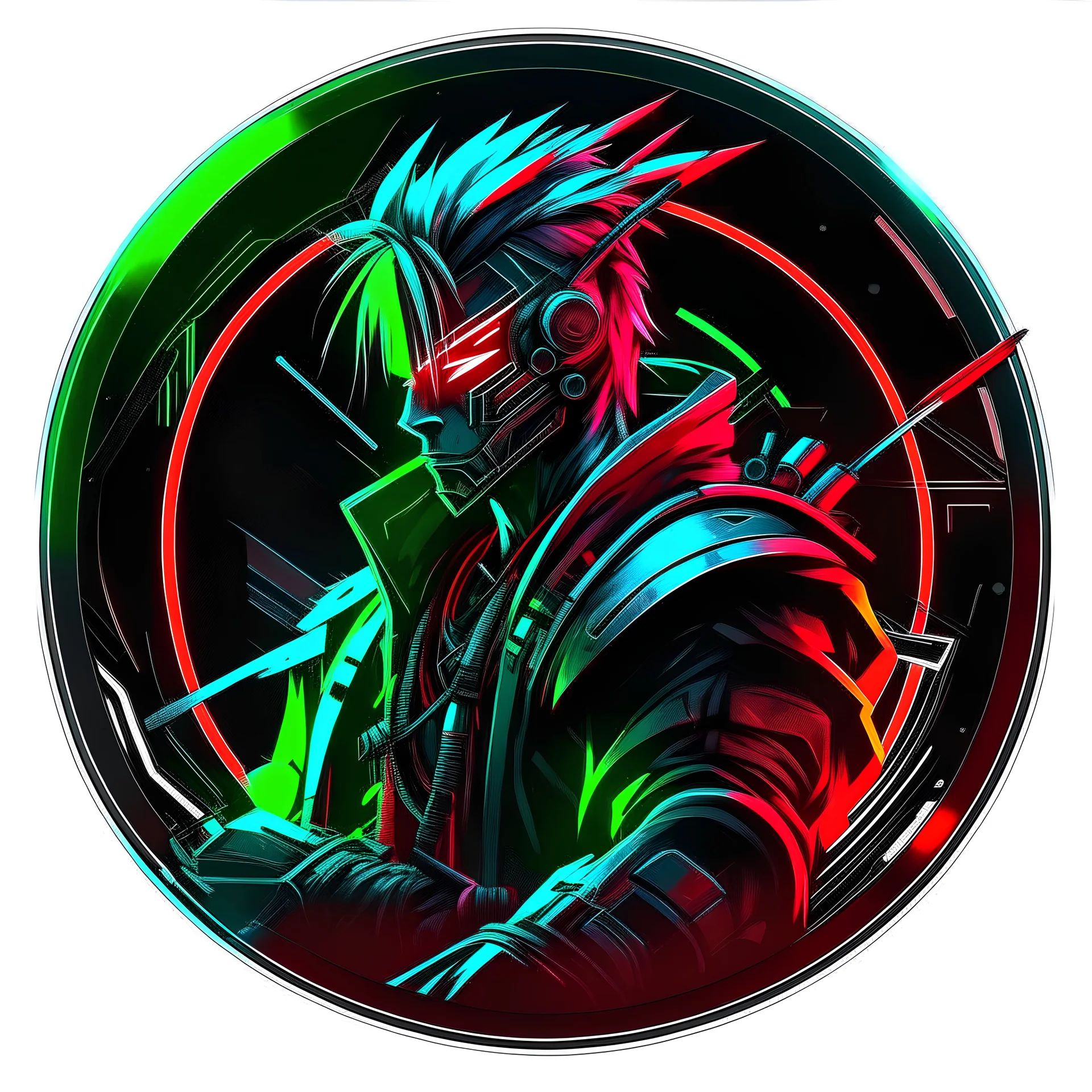 Samurai anime cyberpunk2077 style with neons red, blue and green colours on plasma circle without background