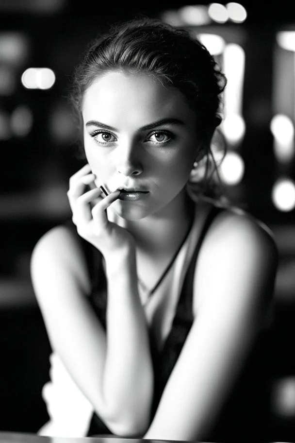 a beautiful woman holding a cigarette, smoking at a bar counter, cigarette smoke, intricate detail, sharp focus, photorealistic, high contrast, perfect hand, noir mood, film style