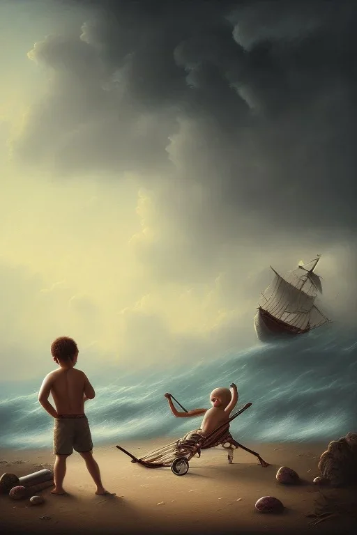 painting of boy next to man sleeping on beach, old clothes, dark storm clouds overhead, gloomy, bleak, shopping trolley, ship at sea, little fires