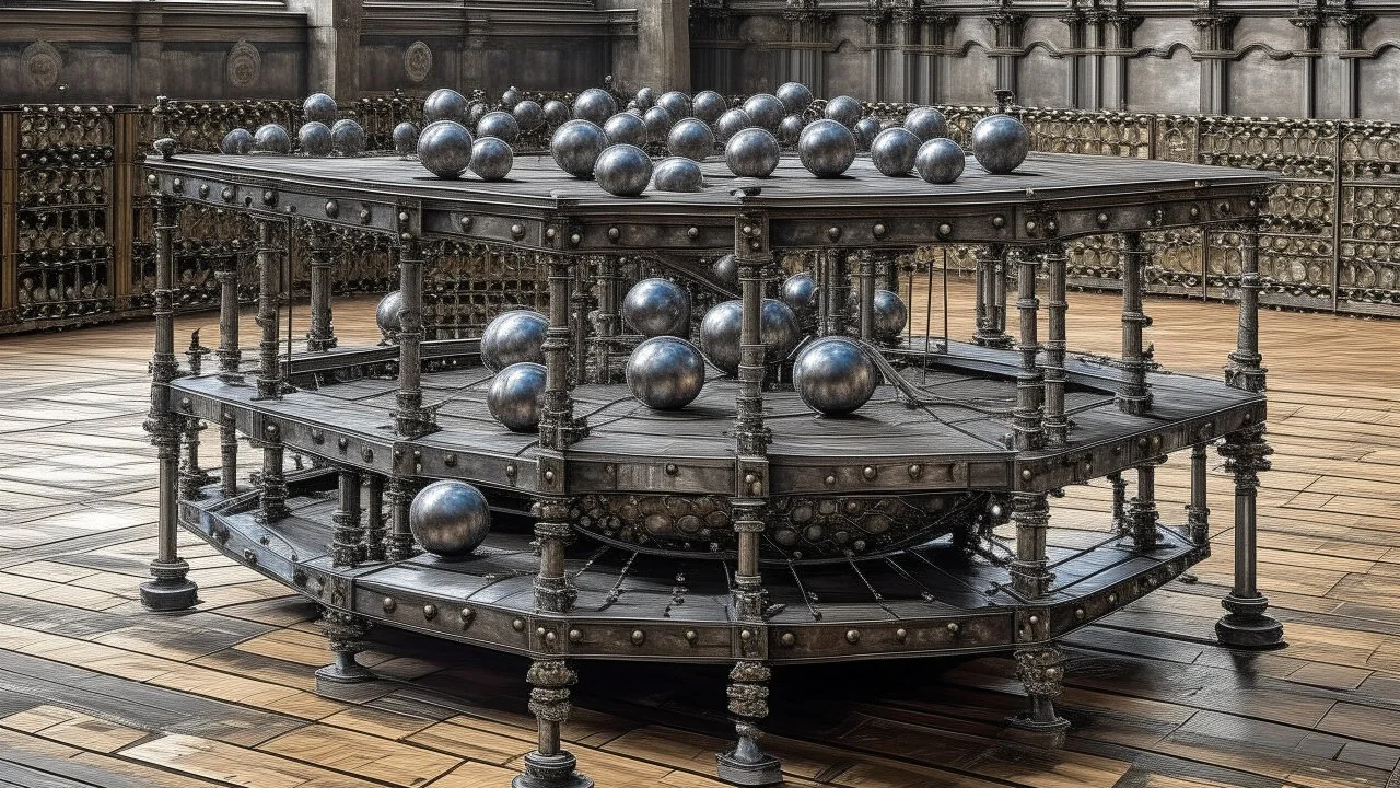 A gray fighter's arena made out of steel balls painted by Albrecht Durer