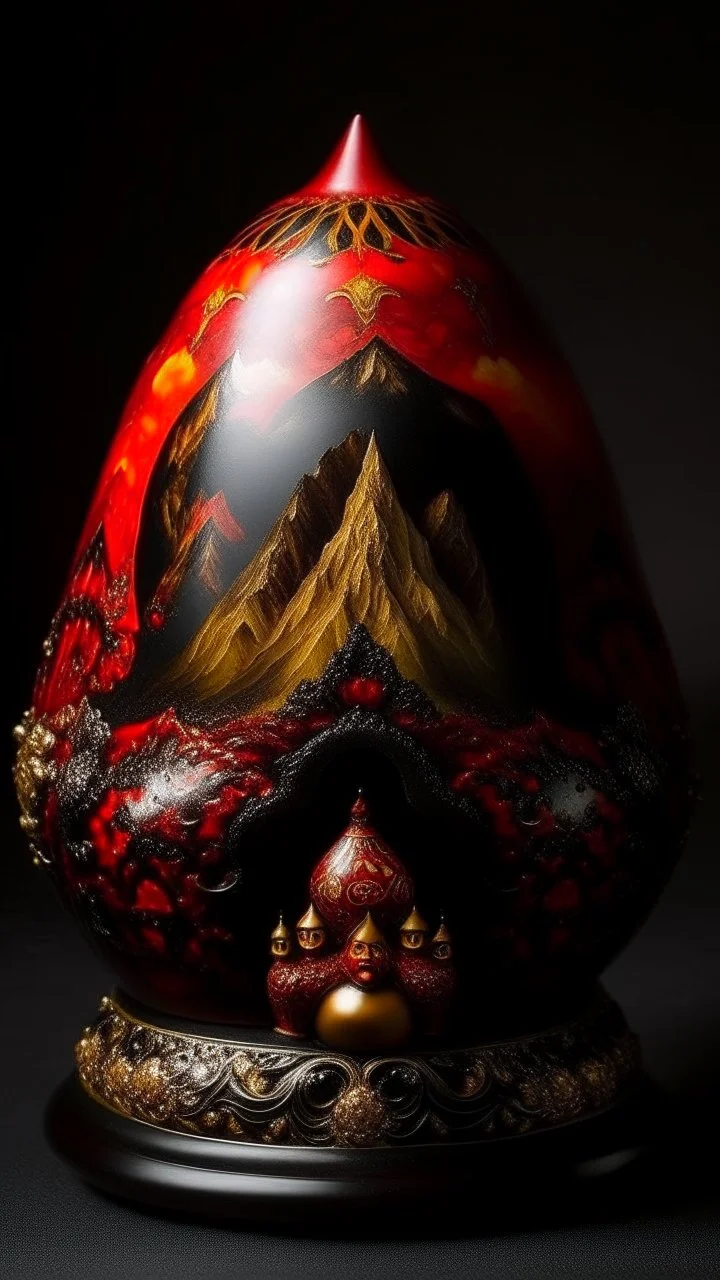 A dark red volcano made out of cinder with spewing fire designed in Matryoshka dolls painted by Peter Carl Faberge