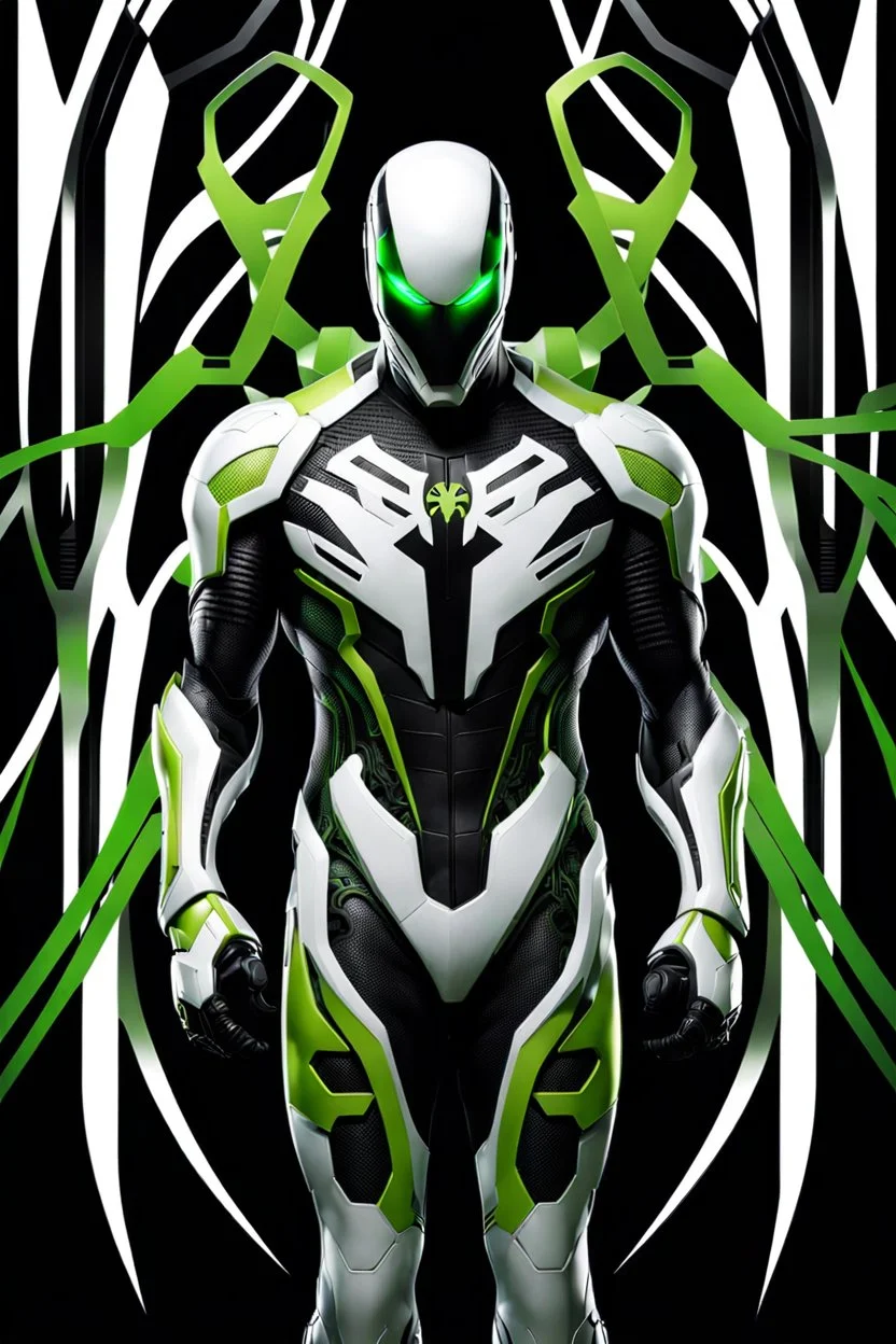 Cyborg symbiote, white color, green color, tendrils, high tech, cyberpunk, biopunk, membrane wings, carbon fiber, cyber tentacles, and the other two.