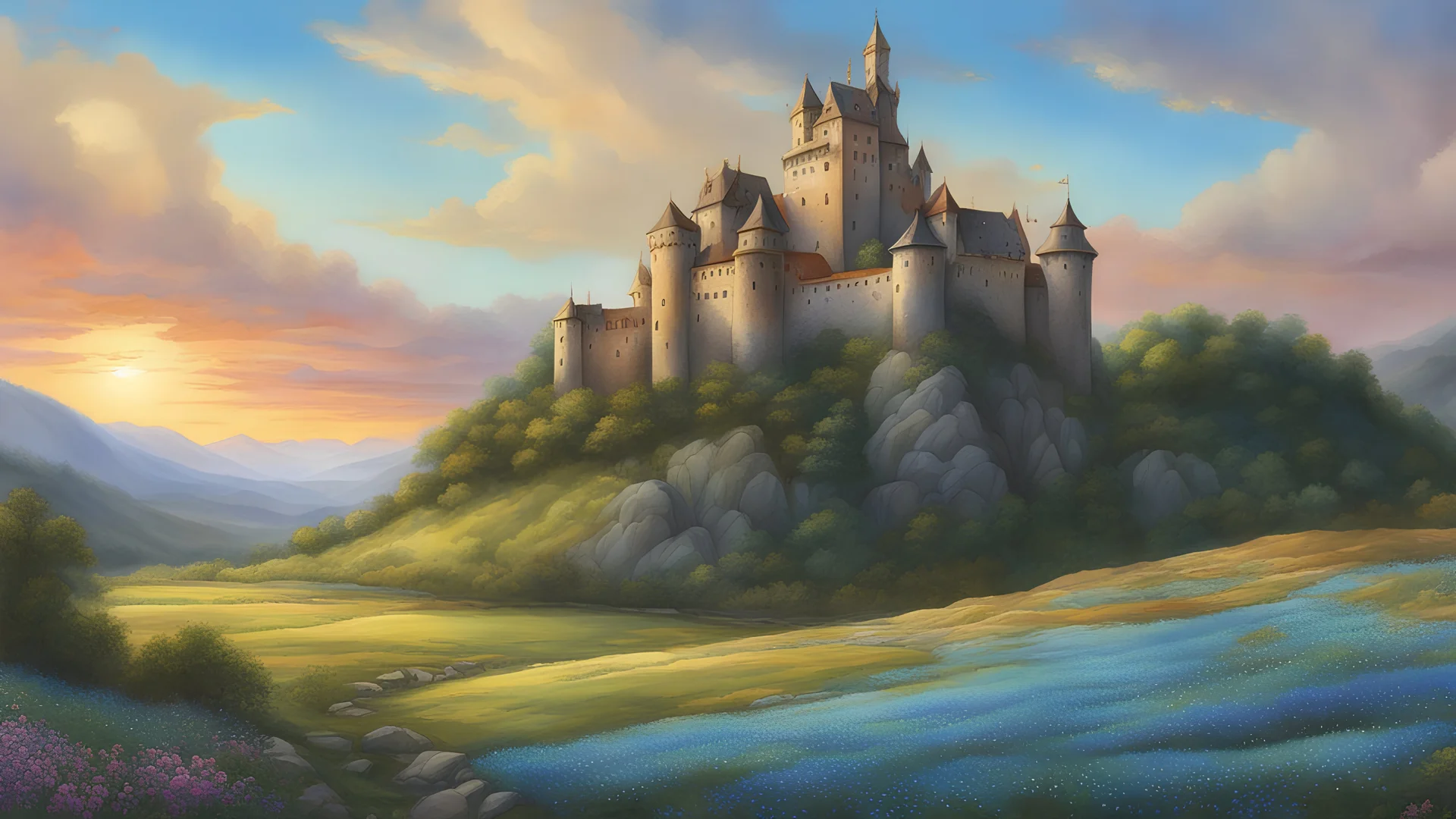 A watercolour painting of a medieval castle on a mountain