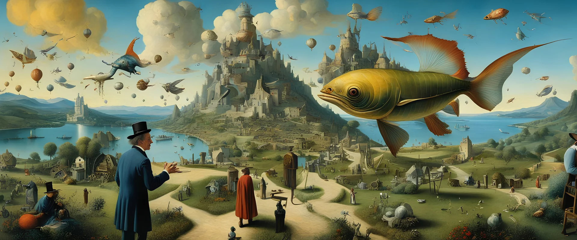 Salvador Dali & Hieronymus Bosch greet each other at an outdoor surrealist market. A flock of dream-like sky-fish fly high in the far distant sky, with a beautiful surreal outdoor countryside summer scene with hills, fields, hedgerow, intricate dwellings, pathways & stairways, streams, waterfalls, waterwheels : very high detail, photorealistic, epic cinematic, 8K, Large depth of field