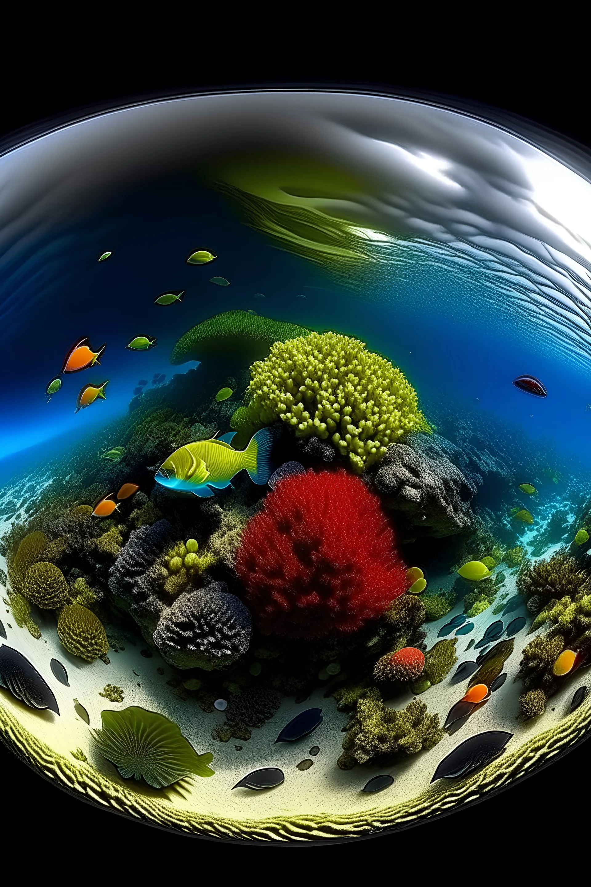 vista panoramica de un arrecife, variedad de peces de colores y corales, algunos rayos de sol penetran el agua, ambiente tranquilo, alto nivel de detalle