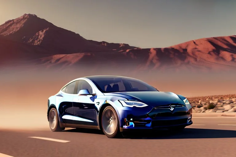 A Tesla 'Model S' is drifting at high speeds, in the Mojave Desert. (CINEMATIC, WIDE ANGLE LENS, PHOTO REAL)