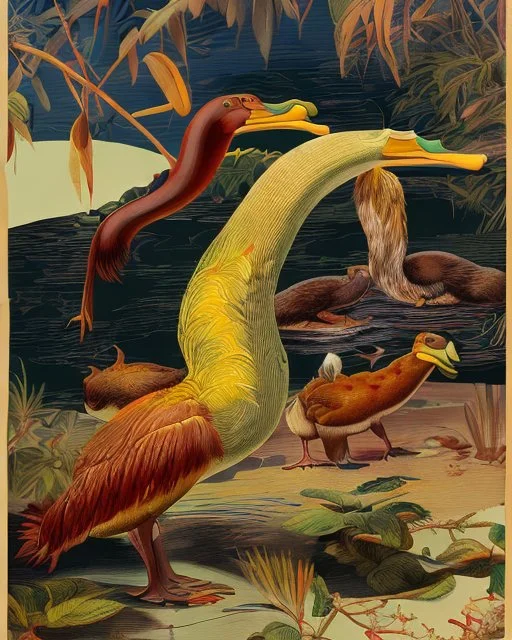 John James Audubon-like illustration of a fully uncropped Dodo bird and a Platypus in a chinoiserie landscape of warm yellows, warm reds, and warm blues