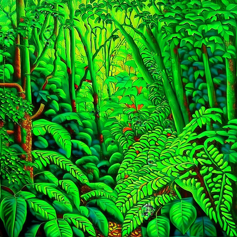 Bosque selva árboles hojas verdes colores complementarios hiperdetallado pintura al óleo renacentista obra de arte