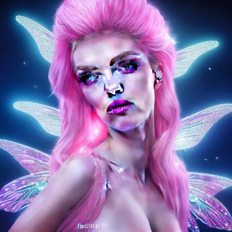 1 full body shot,masterpiece galactic pink metalic,A portrait of a crystalline fairy,fantasy ,white skinned, sparkling eyes, fluorescent skin,pink makeup, magnificent, majestic, fairy style,long sparkling hair bleu blond, blue eyes, sparkling fluorescent skin, highly intricate, Realistic photography, incredibly detailed, ultra high resolution, 8k, complex 3d render, cinema 4d