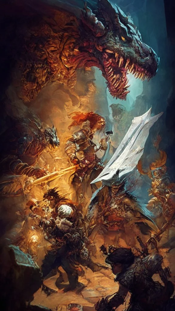 rpg cover with a group of adventurers fighting a dragon