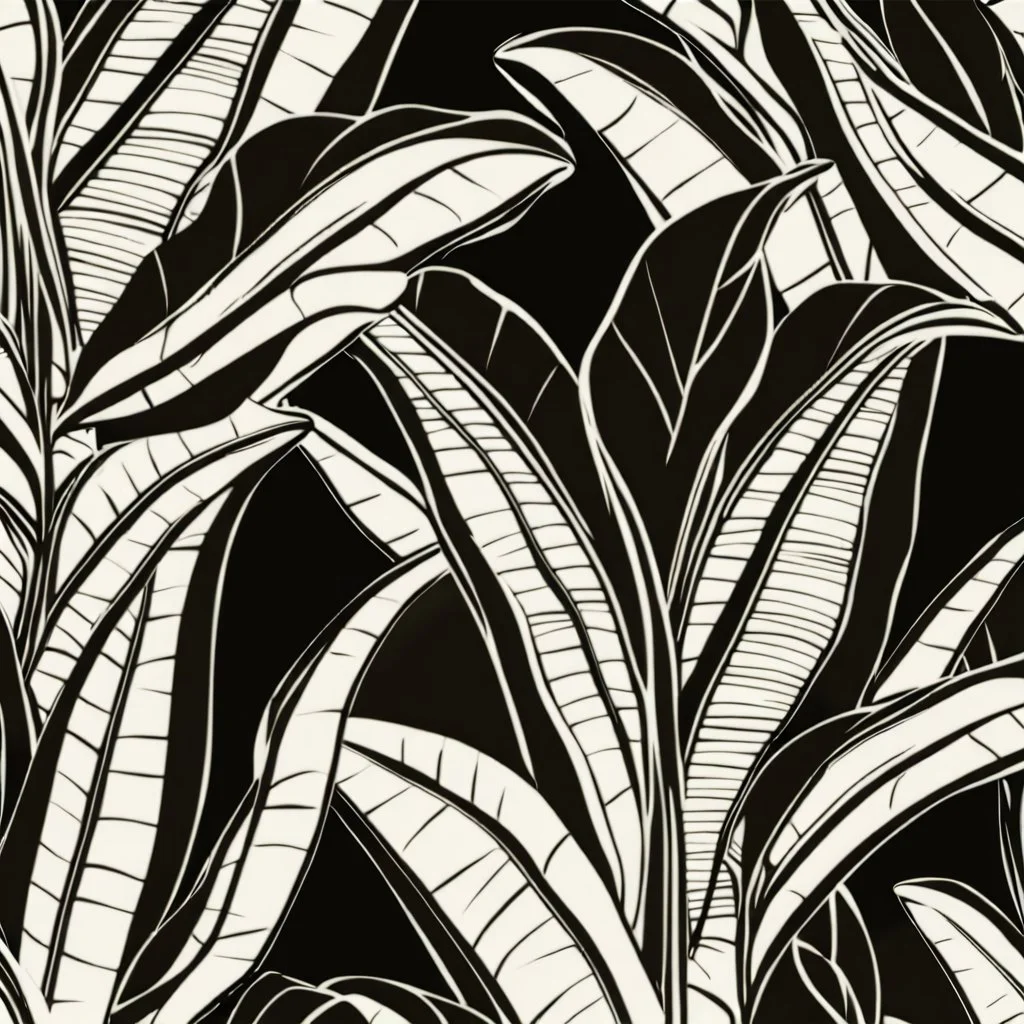 black and white, banana leafs wallpaper pattern , vector lines, same lineweight.