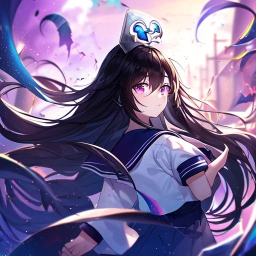 Clear focus, High resolution, Black long fluffy hair, purple eyes, wearing a sailor uniform, shattered rainbow in triagle formation, wearing a oni mask on face