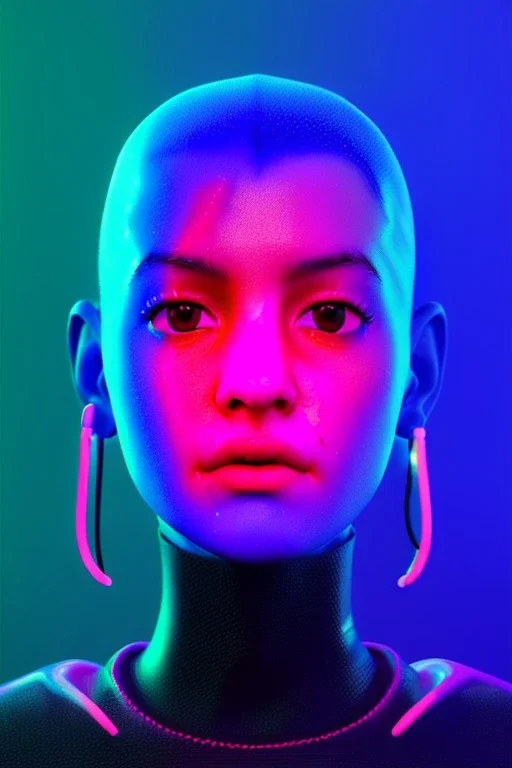 Ultra Realistic image, Rosalía artist, waist up portrait, black eye line, sweet angry face , pink spray line make up, geometric, neon, rings piercing, led ornament, bubble latex coat, cold, led lights, pop style, vibrant color, highly detailed, art stations, concept art, smooth, unreal engine 5, god rays, ray tracing, RTX, lumen lighting, ultra detail, volumetric lighting, 3d, finely drawn, high definition, high resolution.