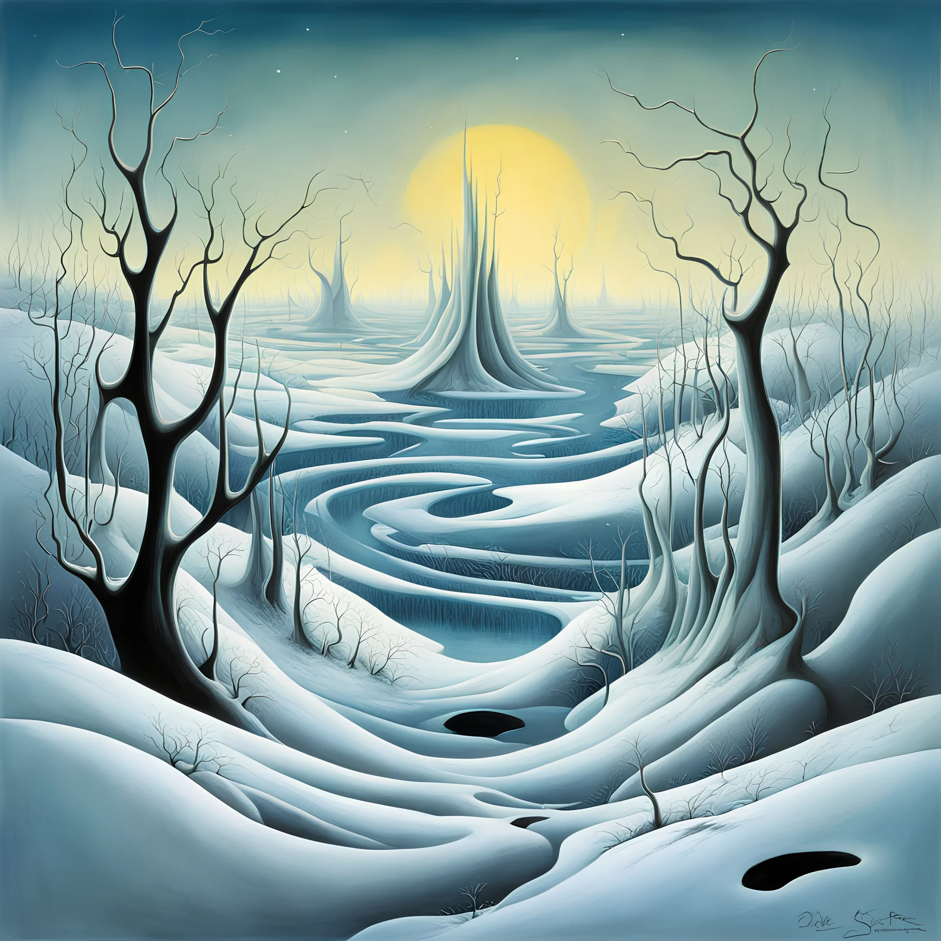 changing into the winter season, surrealism, by Yves Tanguy, by Gerald Scarfe, by Dariusz Klimczak, asymmetric surrealism, expansive, spacey, sharp focus, winterscape, primary cold colors, meander, depth of field.