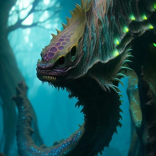 fluid ink carnivore glowing aquatic creature, dark dirty water, lack of light, unreal engine 5, 8k resolution, photorealistic, ultra detailed