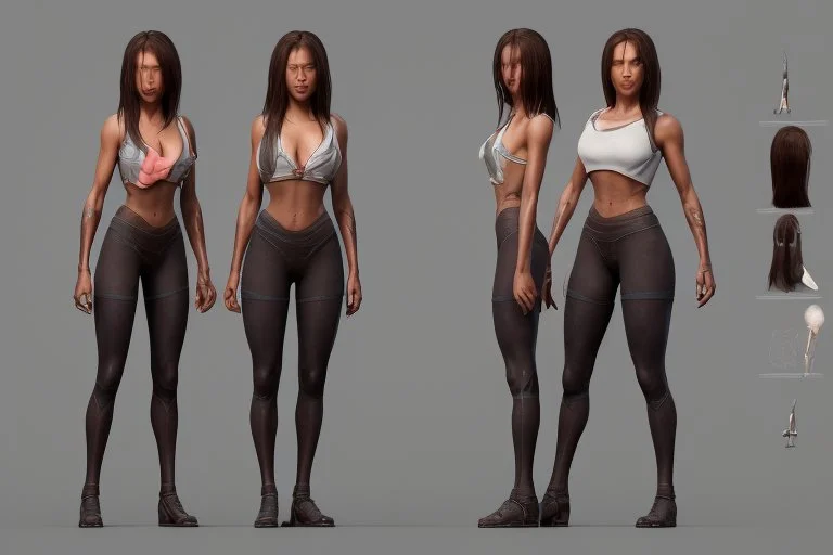 Female character full anatomy Proportions of the character the head-to-body ratio . Front, Side, and Back Views: Provide multiple views of the character, including front, side, and back mode sheet .stylized animation character 8k Art station.toonish