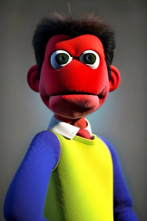 Waist up muppet Portrait, Nicolas maduro us muppet doll, Venezuelan president, tracksuit red blue and yellow, mustache, photo studio, red background, unreal engine 5, concept art, art station, ray tracing, lumen lighting, ultra detail, volumetric lighting, 3d.