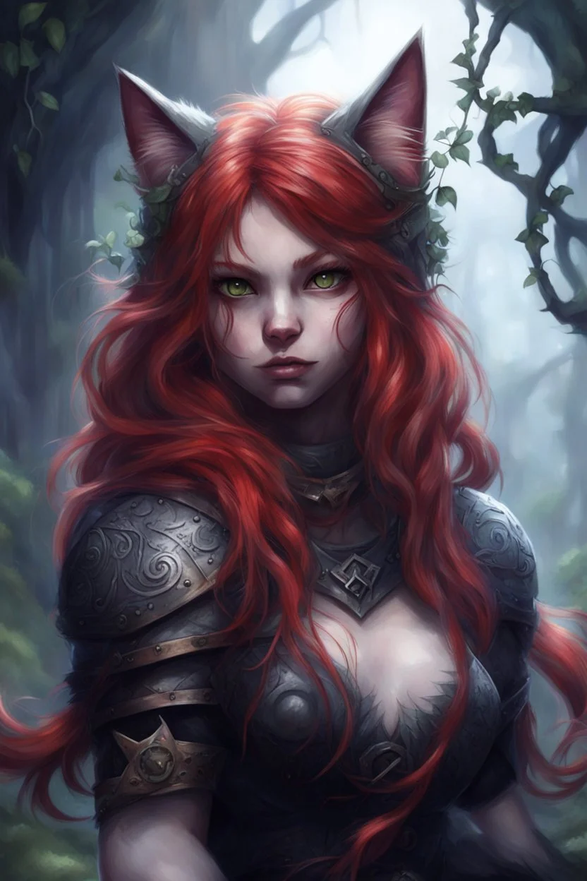 CAT GIRL, FANTASY, VINES, SOULLESS, FLUFFY TAIL, VIKING RED HAIR, METAL