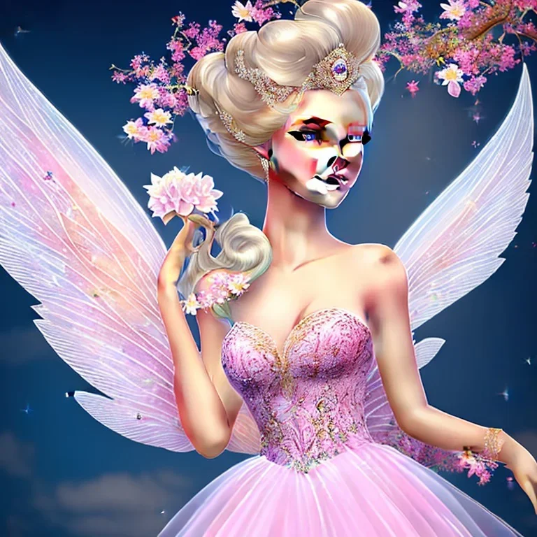 fantasy fairy with transparent wings, smiling, make up, long platinum blond hair with crown and flowers, pink dress