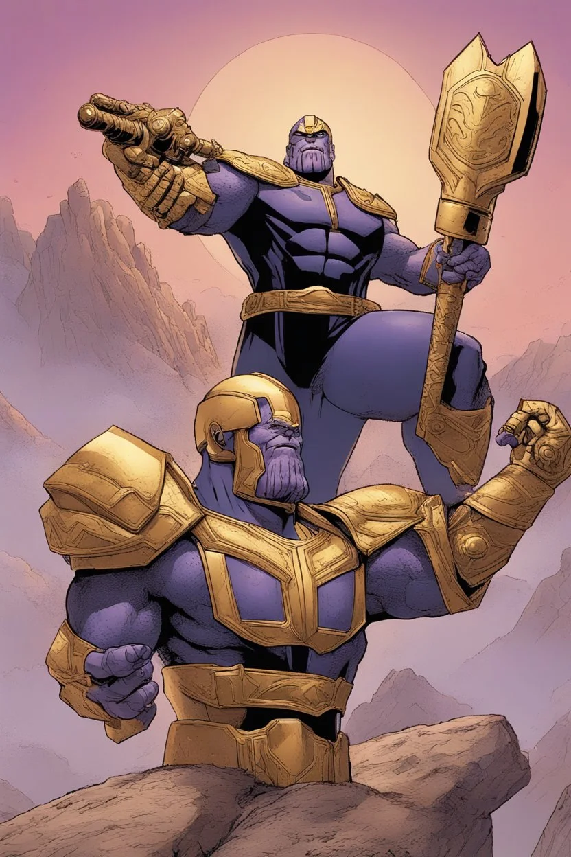 Thanos, the commander of the army of aliens and the king of the entire galaxy, is ready to go on a campaign with his two large swords, his very beautiful and impenetrable armor with his golden helmet, standing on top of a hill with his sword with infinity gauntlet