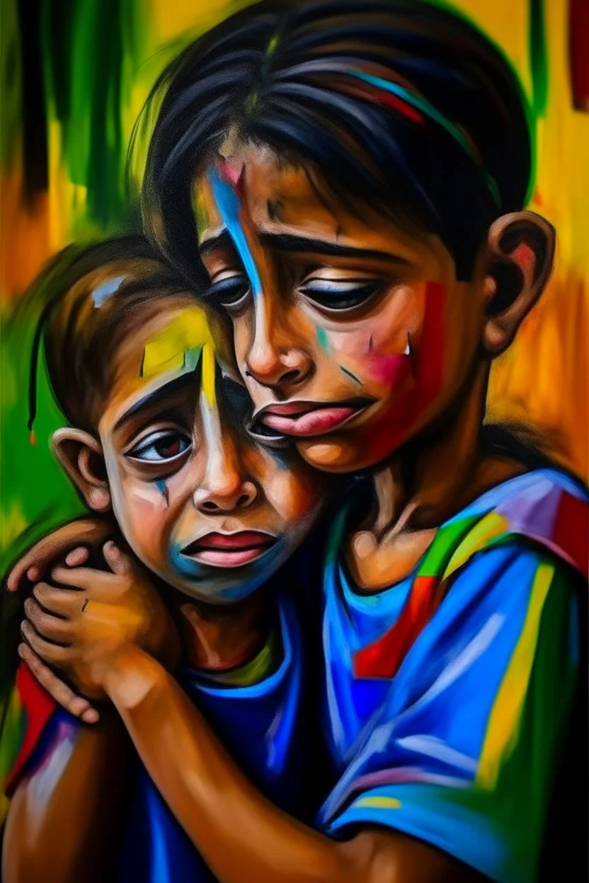 a girl hug her brother and both crying sadly, expressionism, Pixar style, in abstract art Basquiat, Picasso, Miro, Kandinsky, Klee, Birell, Fairey, Ardon, Buffet aand Picasso style, HD --s 750 --v 5.1 --style raw, water color