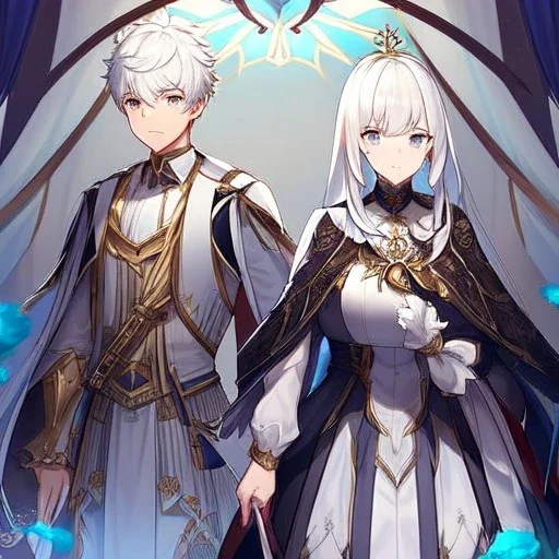 Twins, boy and girl, white hair, silver eyes, royal hall background