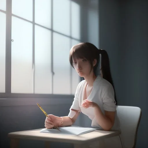 female student studying by the window, anime style, unreal engine 5, sun light, studio lighting --ar 1:1 --v 4