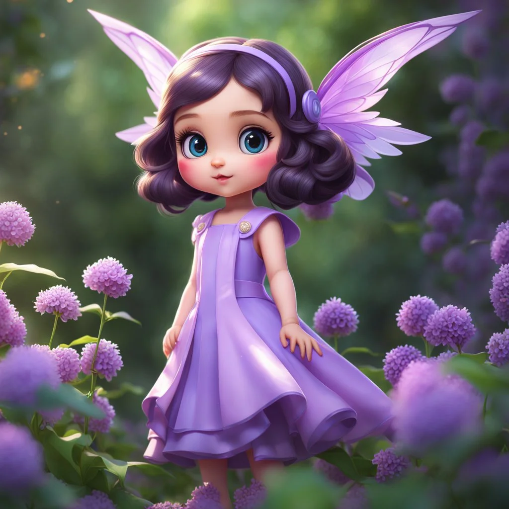 A little girl, with wings, adorable, big beautiful eyes, in a lilac dress, in lilac flowers, cartoon, chibi, close-up, bright colours, digital graphics, fantasy, unreal engine, blender art by artgerm, perfect composition, octane rendering, masterpiece, sharp focus, high detail, art station, concept art, perfect composition, a model of ultra-high quality and clarity, perfect play of light and shadow, 32k UHD, hyper-detailing, complex artistic maste