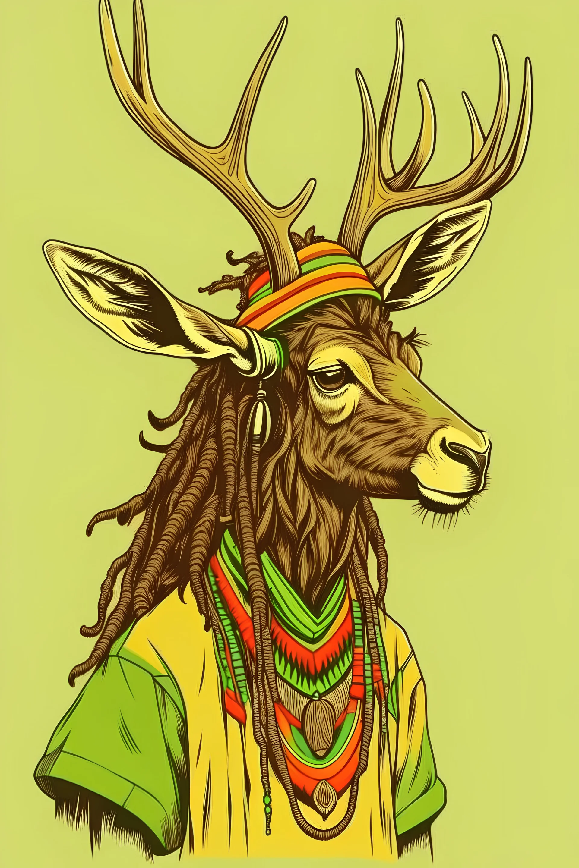 a deer dressed and with the hairstyle of Rastafari in vomic style