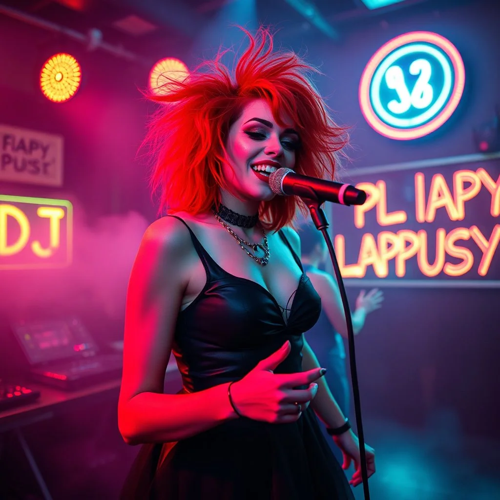 A MJ performing at dance club, her name MJ FLAPYPUSY and looks crazy, crazy red hair with black dress. Neon lights and smog, DJ FLAPYPUSY SIGN ON WALL