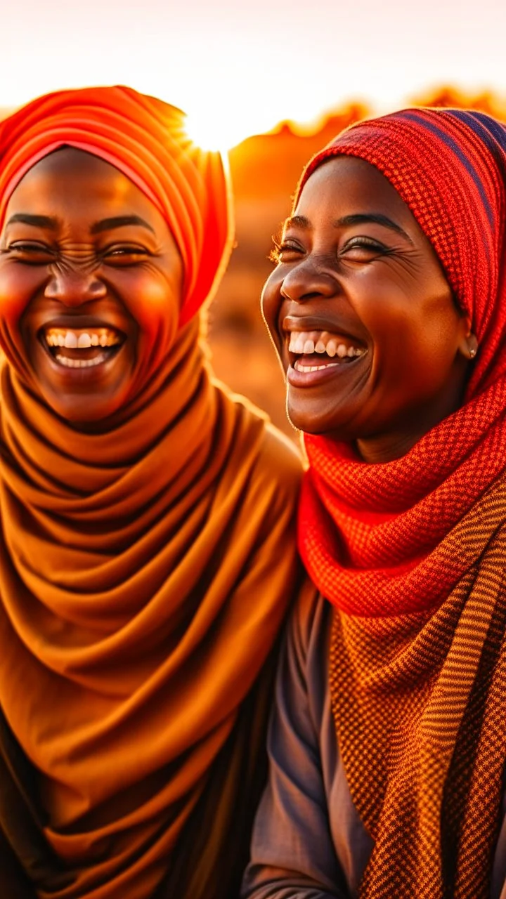 Two African women wearing scarf, laughing while watching the sun fall