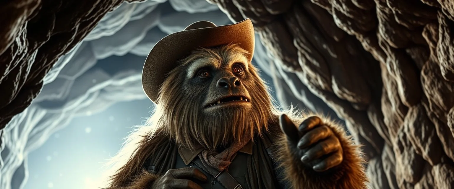 movie poster, soap opera, portrait interview cowboy Abominable Yeti in space ship in cave