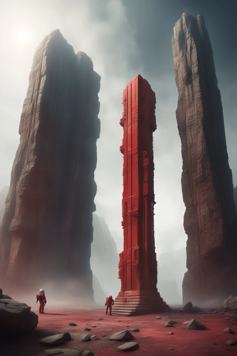 Mysterious huge ancient Rocky pillar with scifi gate attached with a astronaut (red suit) standing near the gate, destroyed, foggy condition wide-angle, cinematic lighting, perfect golden ratio composition detailed ground environment, haze, ultra-detailed, film photography, light leaks, Larry Bud Melman, trending on artstation, sharp focus, studio photo, intricate details, highly detailed, by greg rutkowski