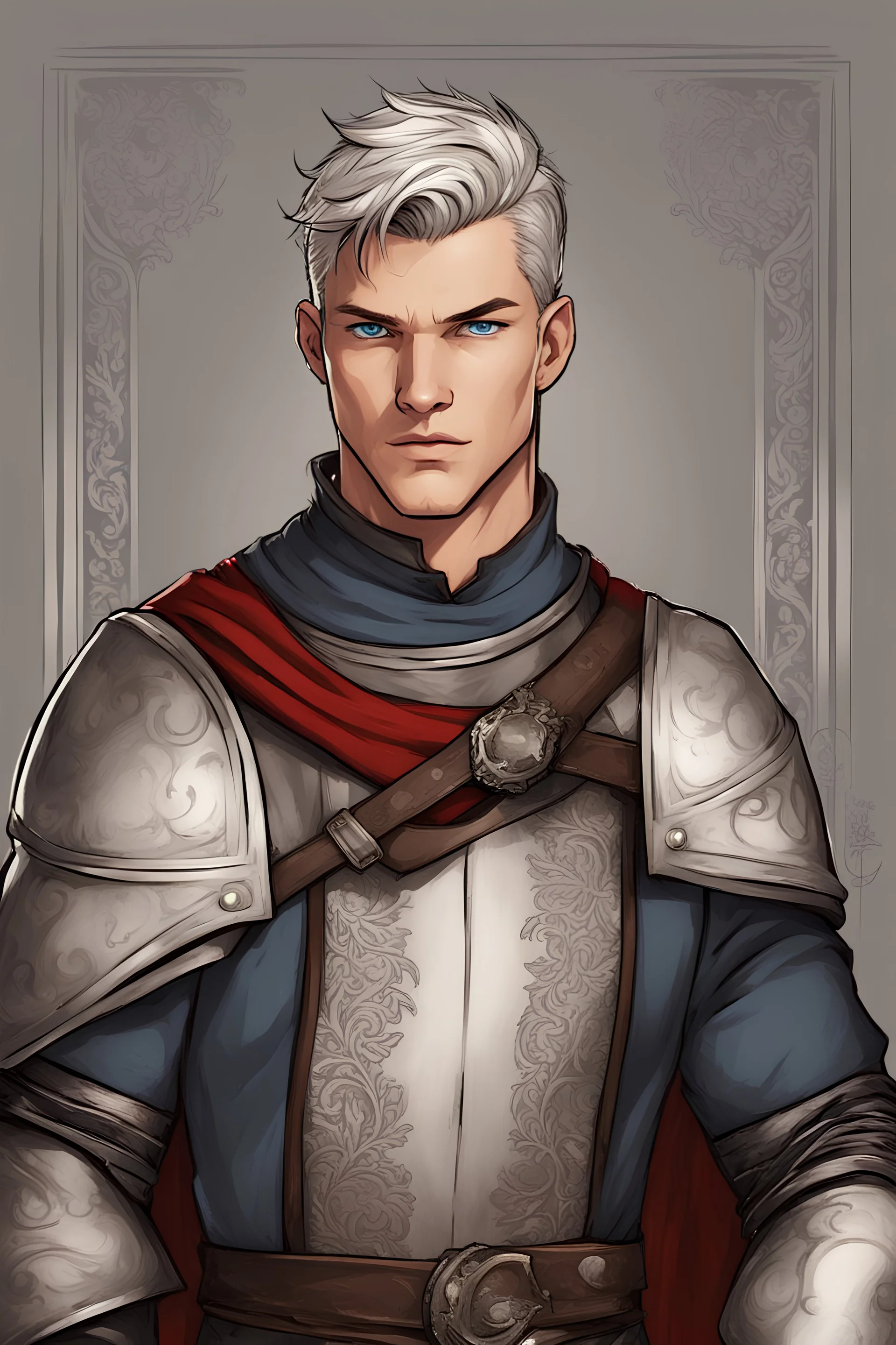 {{Man}}, Male, Olive Skin Tone, Short Hair, Silver Hair, Adult, Alan Ritchson, {{Blue Eyes}}, Black/red plate Medieval Attire, Digital Art, Graphic Novel Style
