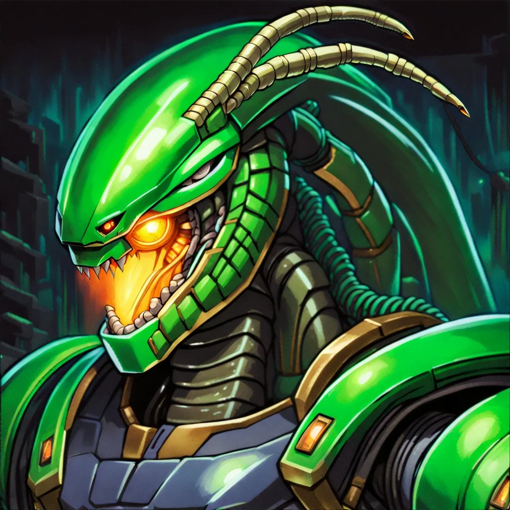 90's fantasy tcg art of a large cyber robot cobra with glowing green eyes