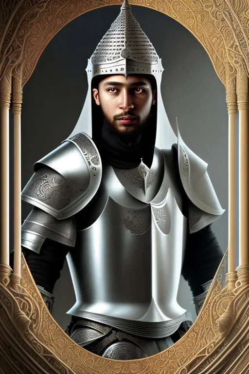 Sango fantasy, fantasy magic, intricate, sharp focus, illustration, highly detailed, digital painting, concept art, matte, art germ and Paul Lewin and Kehinde Wiley, Medieval Arab knight, wearing a silver helmet engraved with Arabic motifs, black eye, chin