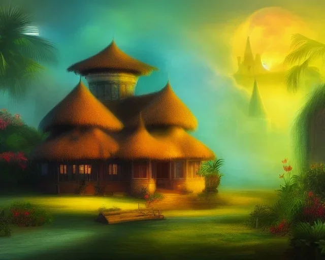 mystical house on a hot tropical island, fantasy art,