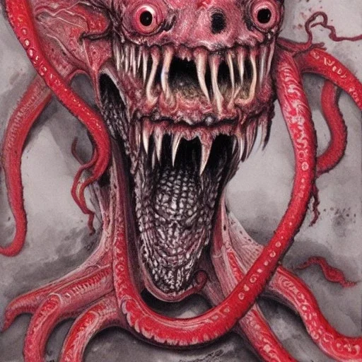 Red Tentacle monster with teeth, horror, detailed, realistic, gore, eyes