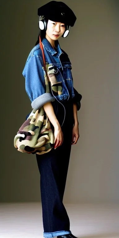 Young fleshy Japanese woman black hair. thick thigh, thick calves. Style: Haute Couture, 1990's, late nineties, street style.Mantle is sewed of recycled Denim and sewed together of camouflage pieces.Big headphones, with gold rings, is merged with small felt cap with small visor. A bag is integrated to the mantle. Patterns are composed of orange, cream, blue, lilac and purple. blue latex somewhere. It is with big bright purple felt tippet and cream-colored-hood. mantle is merged with tippet.